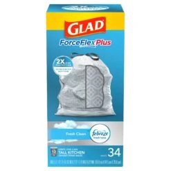 Glad ForceFlex Plus Febreze Fresh Clean 13 Gallon Tall Kitchen Drawstring Bags - 34 CT 6 Pack
