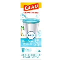 Glad Drawstring Plus Febreze Beachside Breeze Small Trash Bags - 34 CT 6 Pack