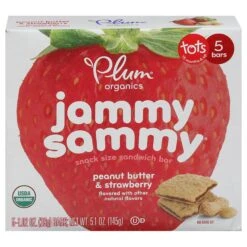 Plum Organics Jammy Sammy Snack Size Tots Peanut Butter & Strawberry Sandwich Bar Toddler 5 - 1.02 Oz Bars - 5.1 OZ 6 Pack